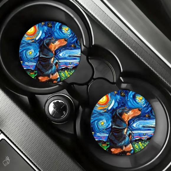 2pcs Dachshund Van Gogh Painting Style Dog Absorbent Car Cup Holder Coaster Mats - Picture 3 of 4